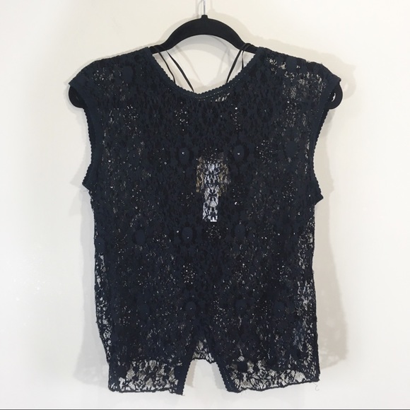 Zara Lace Sequin Rhinestone Split Back Blouse Navy